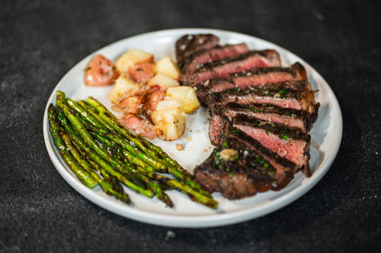 Dusted NY Strip Steak (Gordon Ramsay Style), Asparagus, and Red Skins